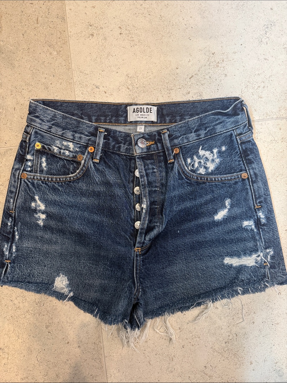 AGOLDE Distressed Dark Blue High-Rise Denim Shorts